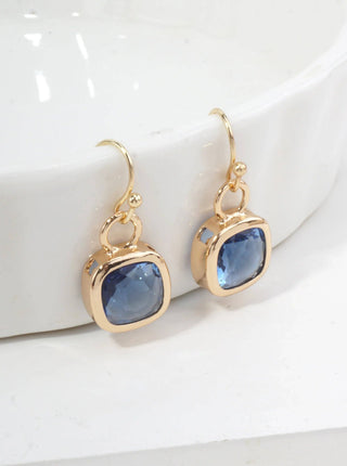 Square Crystal Dangle Earrings: GOLD-BLUE