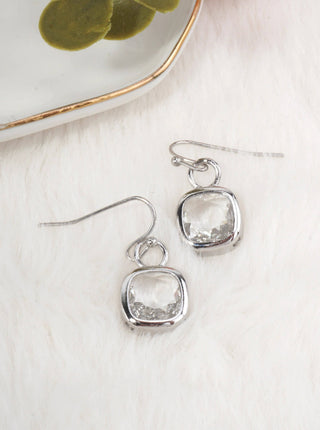 Square Crystal Dangle Earrings: Rhodium clear