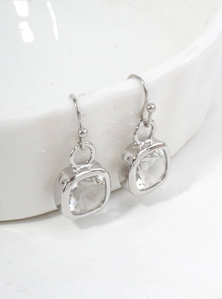 Square Crystal Dangle Earrings: Rhodium clear