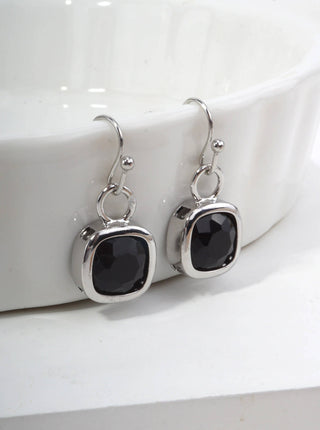 Square Crystal Dangle Earrings: RHODIUM-BLACK