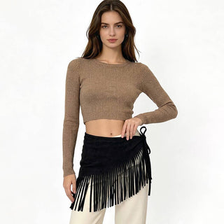 Laset Cut Suede Fringe Scarf in Black