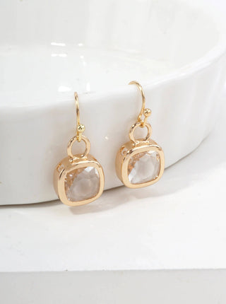 Square Crystal Dangle Earrings: Gold Clear