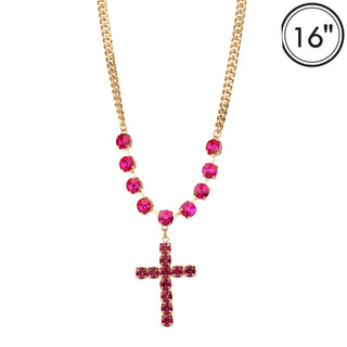 Richland Rhinestone Cross Necklace in Hot Pink