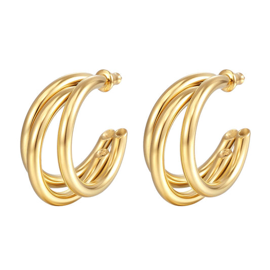 Water Resistant 18K gold plated Stainless steel Triple Hoop Earring in gold