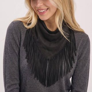 Laset Cut Suede Fringe Scarf in Black