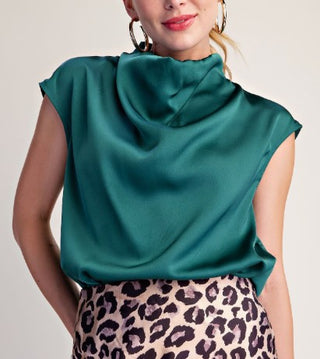 Mink Moment Satin Top In Hunter Green
