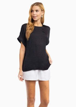 Dolman Short Sleeve Plisse Sleeve Blouse in Black