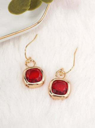Square Crystal Dangle Earrings: Red Gold