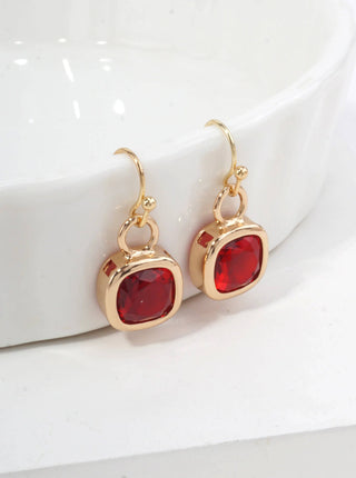 Square Crystal Dangle Earrings: Red Gold